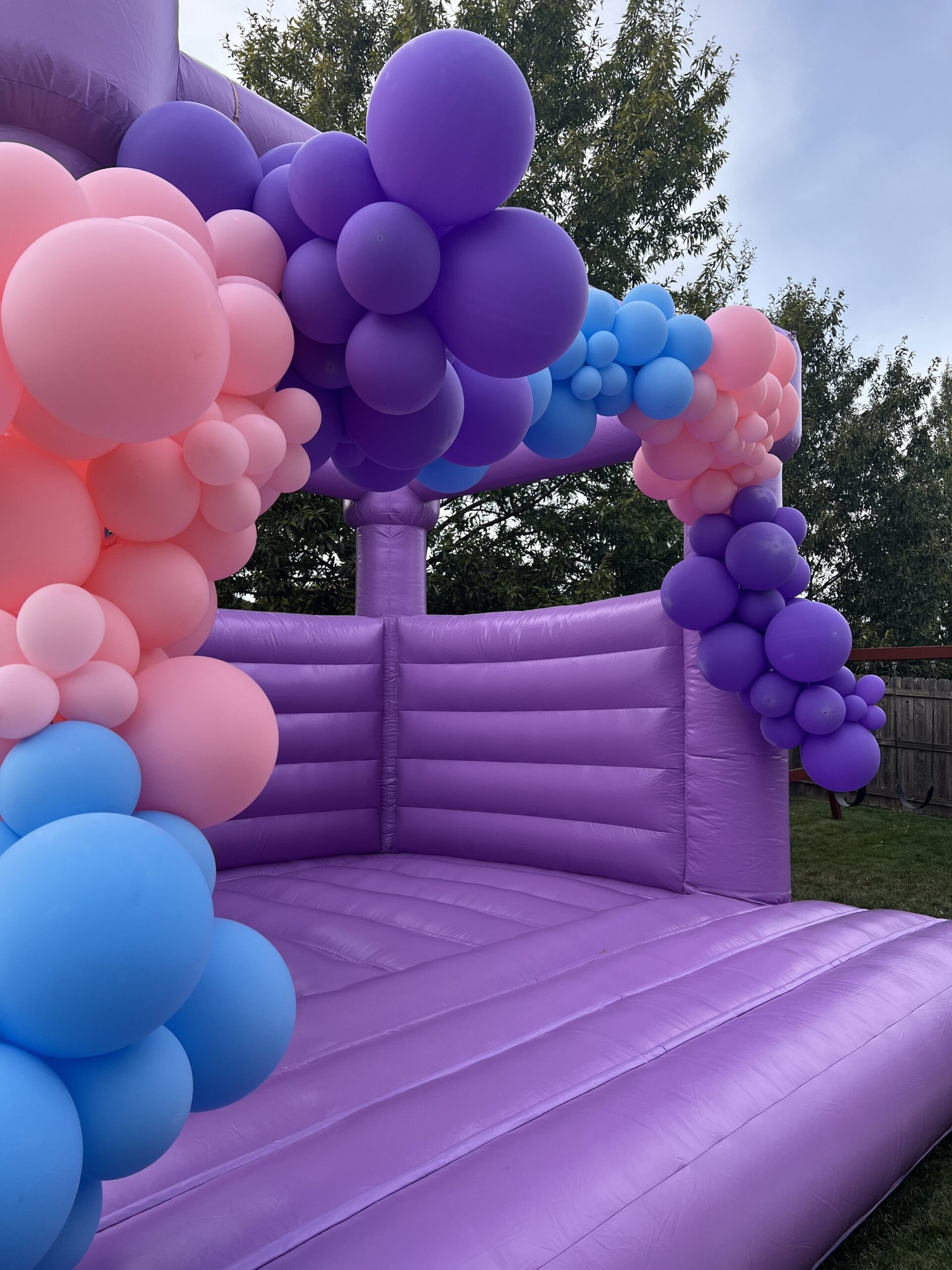 Pink, Purple, & Blue Balloon Garland on a Bounce House.JPG