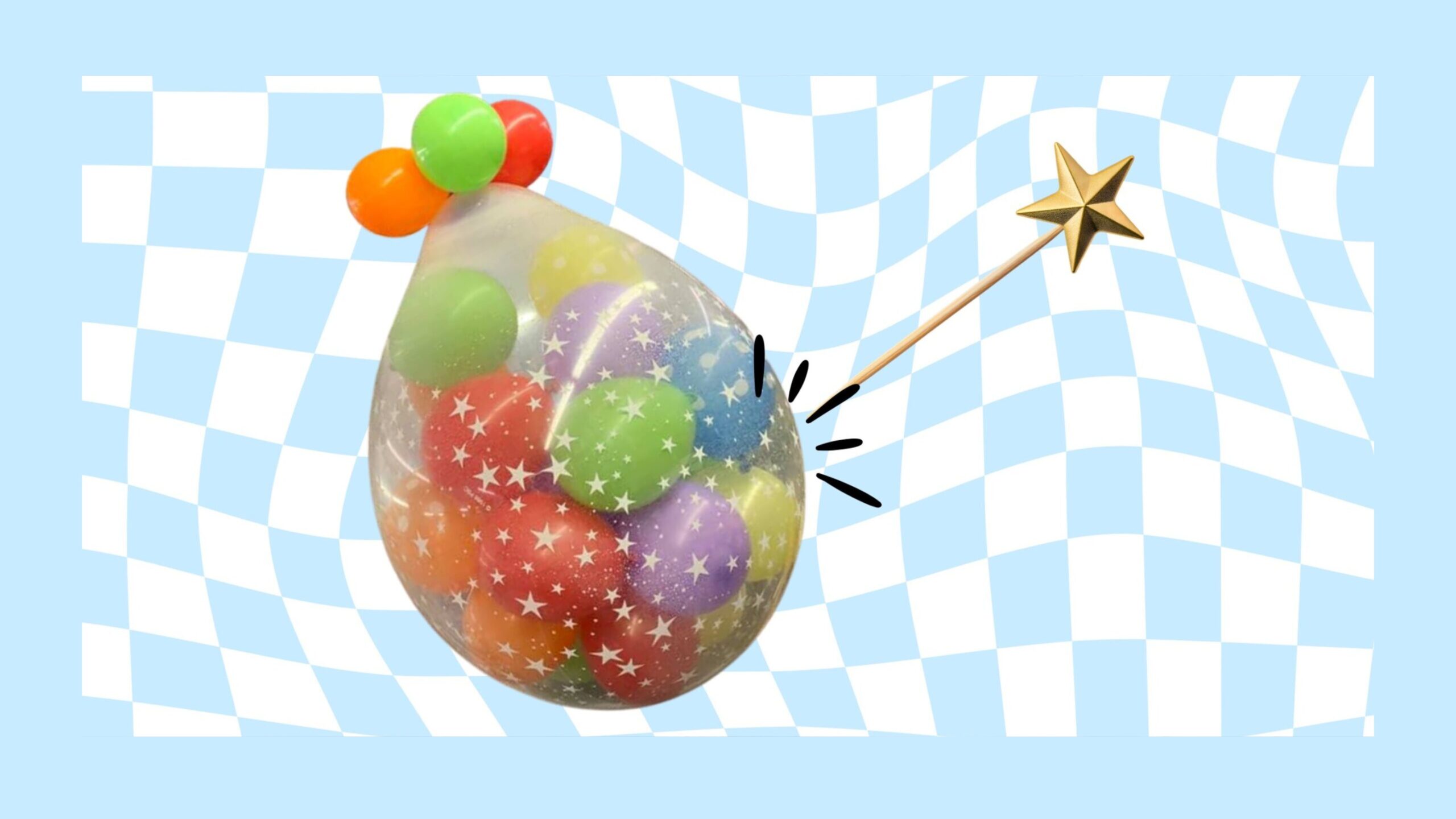 A clear balloon filled with colorful smaller balloons.