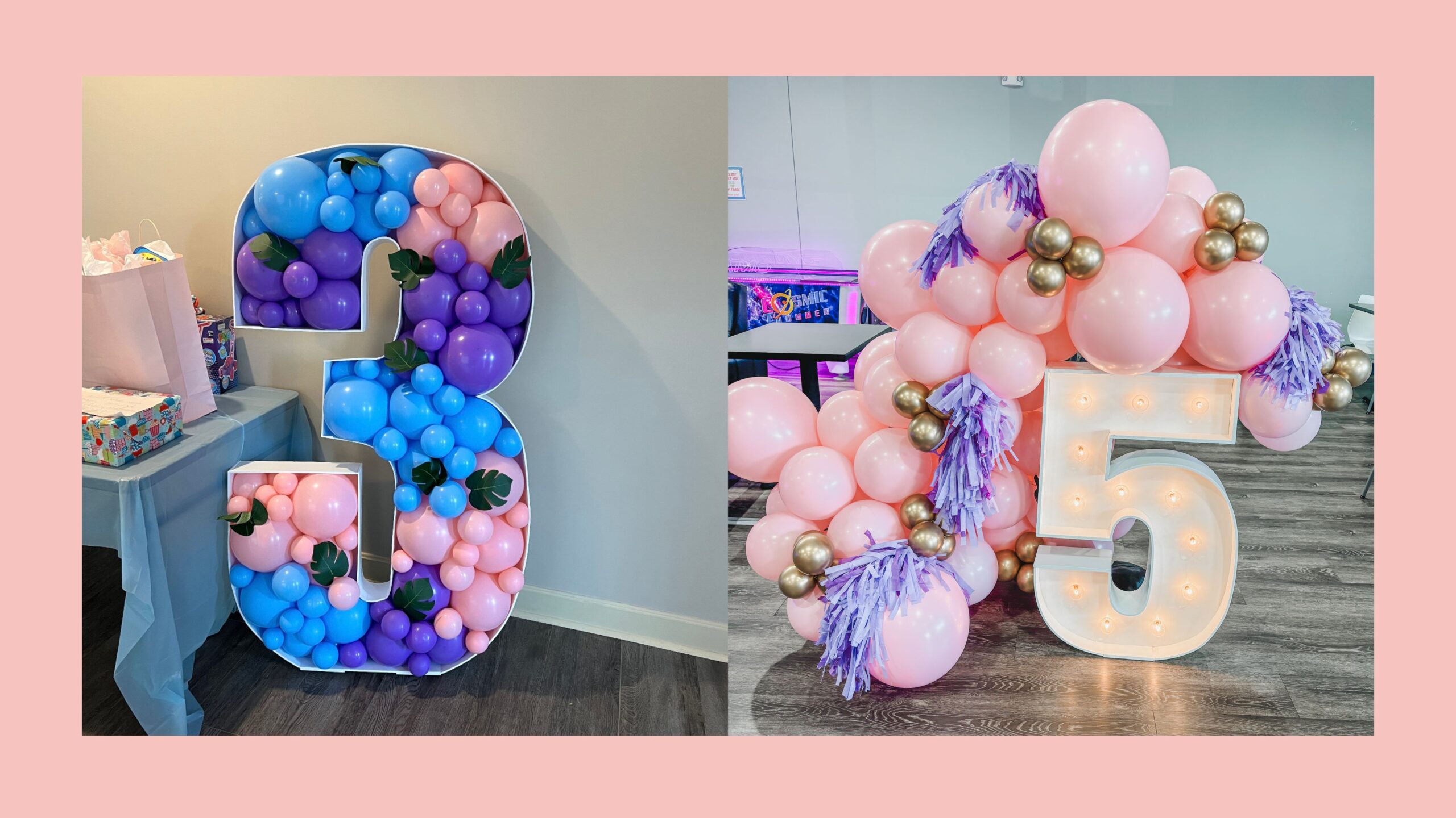A large 3 made of foam board filled with balloons, and a large white marquee number 5 surrounded by pink balloons.